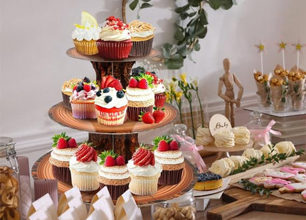 MTRSOCHO 4-Pack Woodland Cupcake Stand Woodland Baby Shower Decorations 3 Tier Wood Cupcake Stand for Camping, Birthday, Safari Party Supplies