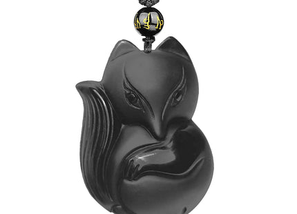 VIKCAUX Obsidian Fox Necklace Natural Fox Talisman Pendant with Extended Bead Chain Lucky Fox Necklace Jewelry Gift for Women Men