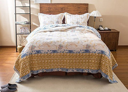 Tache Twin White Quilt Cotton Patchwork Cottage Coastal Beach Embroidered Floral - White Gold Yellow Sky Blue Reversible Lightweight Coverlet Winter Frost Quilt Set - Twin