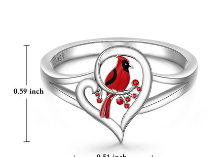 Red Cardinal Gifts Rings for Women Sterling Silver Heart Cardinal Ring