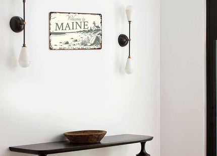 Welcome Maine Coastal Vintage Aluminum Metal Sign 12x8 Inch