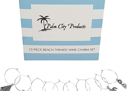10 Piece Beach Themed Wine Charm Set - Nautical Stemmed Wine Glass Charms