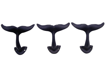 Wowser Navy Blue Whale Tail Cast Iron Wall Hooks, Wall Mounted for Hanging Clothes & Accessories, Nautical Home & Office Decor, Set of 3, 4.75 Inches High
