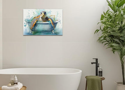 QIXIANG Sea Turtle Bathroom Wall Art Funny Sea Turtle in Bathtub Canvas Painting Art Ocean Animal Watercolor Pictures Framed Ready to Hang (Sea Turtle 2, 12.00" x 18.00")