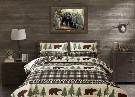 Quilt Set Queen Size Rustic Lodge Plaid Quilt Bed Spread Country Cabin Brown Bear Bedding Lightweight Reversible Quilts Home Bedspread Coverlet with 2 Pillow Shams