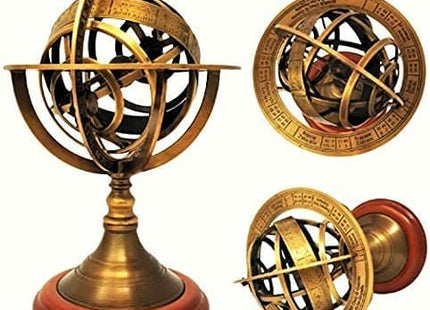FYNJREX 5" Nautical Brass Armillary Sphere World Globe Astrolabe On Wooden Base Maritime Nautical Décor gift