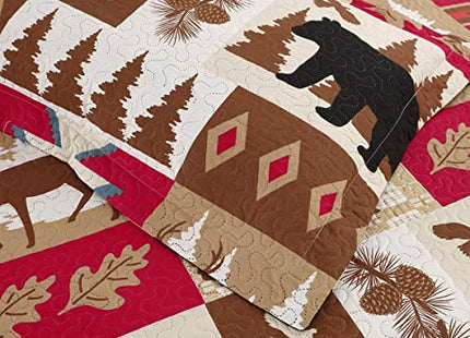 CHESITY Lodge Bedspread Twin Size, Quilts Set Rustic Cabin Bedding Cover Reversible Coverlet Moose Deer Wildlife Patchwork Plaid Bed Cover Black Bear Country Decor(68"x 86")