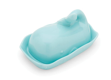 Fox Run Ceramic Whale Butter Dish with Lid, 7", Aqua Blue Cute Butter Dish