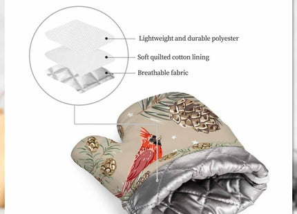Mxocom Red Cardinal Birds Silicone Oven Mitts and Pot Holders Sets Fir Pine Twigs Cedar Cones Winter Xmas BBQ Gloves for Kitchen,Cooking,Baking,Grilling