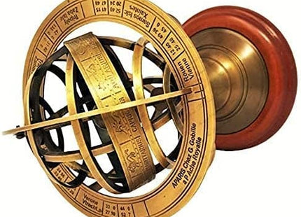 FYNJREX 5" Nautical Brass Armillary Sphere World Globe Astrolabe On Wooden Base Maritime Nautical Décor gift