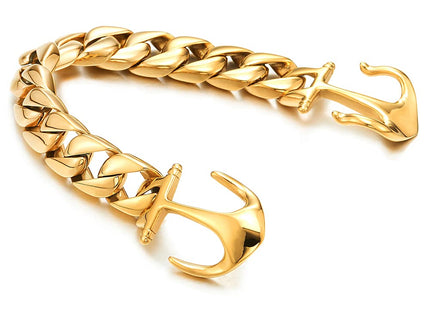 COOLSTEELANDBEYOND Exquisite Stainless Steel Mens Gold Color Marine Anchor Curb Chain Bangle Bracelet Polished