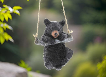 Playful Resin Black Bear on a Rope Hanging Figurine (Swinging)