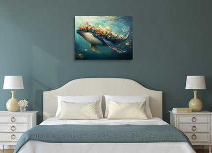Floral Whale Canvas Wall Art Framed Bright Ocean Fantasy Decor 12x16 Inch