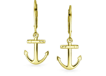 Small Nautical Anchor Dangle Earrings 14K Gold Plated .925 Sterling Silver
