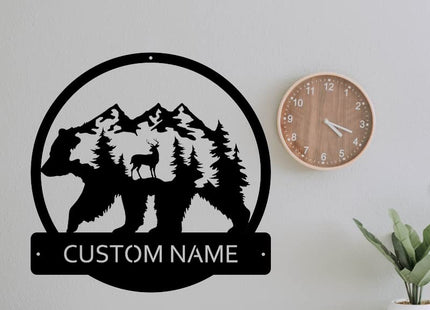 Deer Bear Forest Custom Name Sign Metal Wall Art Personalized Last Name Plaque Outdoor Metal Wall Art Personalized Gift for Wedding/Housewarming