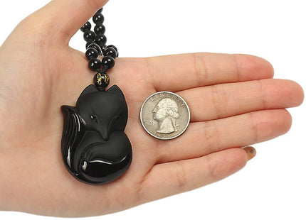 ASGIFT Lucky Fox Necklace Black Obsidian Big Fox Animal Amulet Protection Pendant with Adjustable Beads Chain Natural Crystal Fox Necklaces Jewelry For Women Men