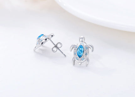 Sterling Silver Sea Turtle Studs with Simulated Aquamarine Birthstone, Sea Turtle Jewelry Gifts for Women