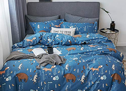 Houseri Blue Bear Animal Print Duvet Cover Set Queen Full - 3 Pcs (Duvet Cover, 2 Pillowcases) - Modern Rustic, Unisex - Cotton, 200 Thread Count - Machine Washable
