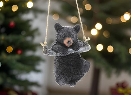 Playful Resin Black Bear on a Rope Hanging Figurine (Swinging)