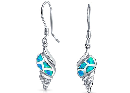 Created Blue Opal Nautical Dangle Earrings Sterling Silver Fish Hook
