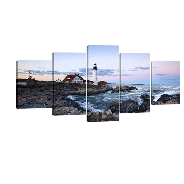 Wieco Art Large Canvas Prints Wall Art Portland Lighthouse Landscape Pictures to Photo Paintings for Kitchen Bathroom Home Decoration Wall Decor 5 Panels Modern Gallery Wrapped Seascape