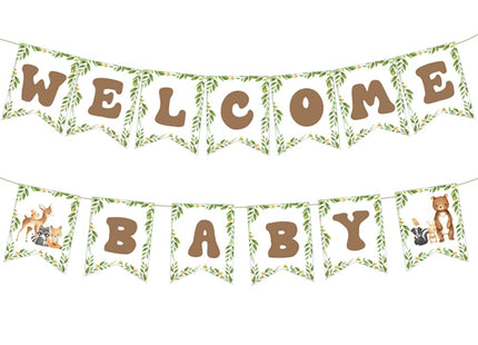 Woodland Animal Welcome Baby Banner, Woodland Creatures Banners Deer Rabbit Forest Animal Friends Garland Baby Shower Birthday Party Decorations