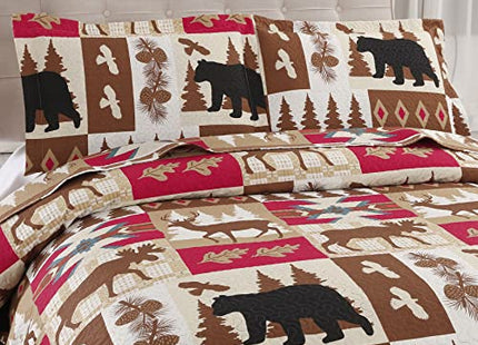 CHESITY Lodge Bedspread Twin Size, Quilts Set Rustic Cabin Bedding Cover Reversible Coverlet Moose Deer Wildlife Patchwork Plaid Bed Cover Black Bear Country Decor(68"x 86")