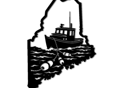 Maine State Map with Fishing Boat Metal Wall Art Decor, Outdoor Decor Metal Signs, Nautical Coastal Style, Elegant Artwork, Wall Decor for Living Room and Office Space (Black,20inch)