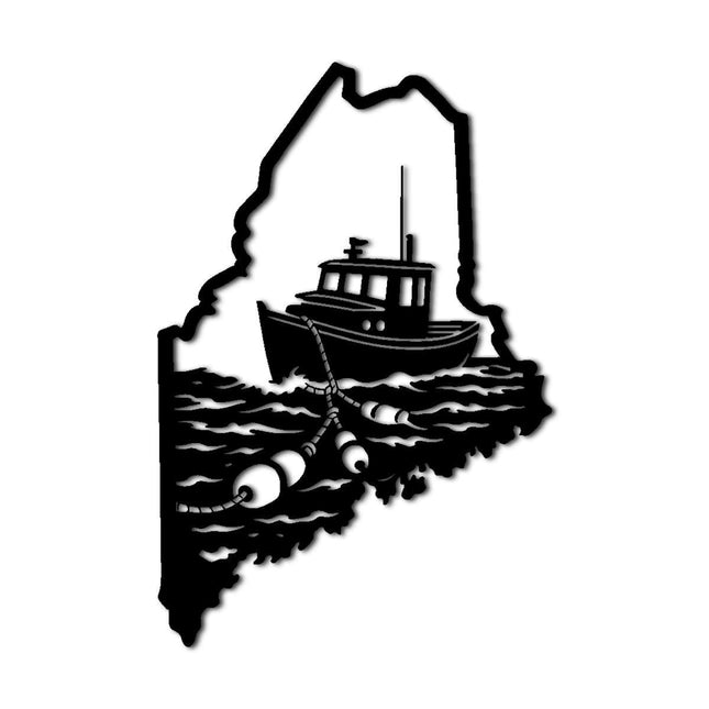 Maine State Map with Fishing Boat Metal Wall Art Decor, Outdoor Decor Metal Signs, Nautical Coastal Style, Elegant Artwork, Wall Decor for Living Room and Office Space (Black,20inch)