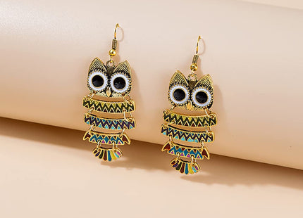 Boho Vintage Owl Drop Earrings, Cute Animal Dangle Earrings With Enamel Owl Hooks - Women's Jewelry