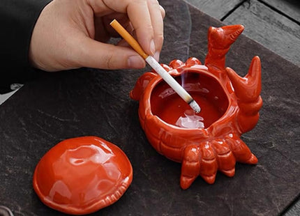 Cute Ashtray With Lid, Ceramic Crab Cigar Cigarettes Ash Tray, Windproof Tabletop Ashtrays Outdoor, Smoking Holder Smokeless Indoor, Funny Decor for Home Office Patio(Black)