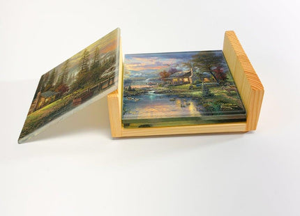 Thomas Kinkade Mountain Scenes Mountain Cabin Sunset 4 x 4 Coaster Set