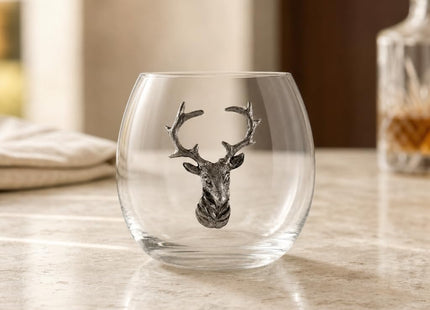 Vagabond House Elk/Deer Stemless Wine Glass, Premium Hand-Blown Crystal, Rustic Lodge Style, Perfect for Red/White Wine, 3.25" Tall, 8 oz - Sold as Single Glass