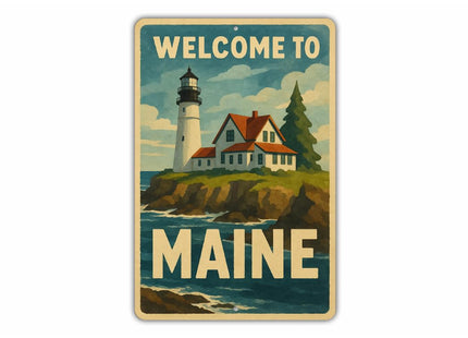 Aluminum Destination Signs Welcome To Maine Lighthouse Sign Novelty Metal Signage for Sightseeing Wall Art Decor With Pre Drilled Holes - 10" x 14"