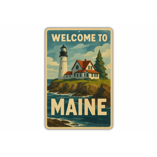 Aluminum Destination Signs Welcome To Maine Lighthouse Sign Novelty Metal Signage for Sightseeing Wall Art Decor With Pre Drilled Holes - 10" x 14"