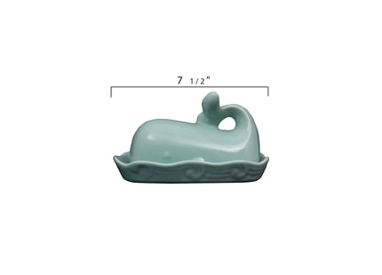 Creative Co-Op Stoneware Whale Butter Dish with Embossed Wave Detail, Aqua Finish