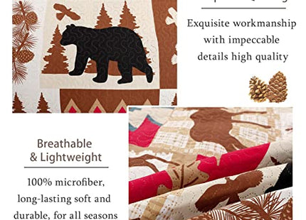 CHESITY Lodge Bedspread Twin Size, Quilts Set Rustic Cabin Bedding Cover Reversible Coverlet Moose Deer Wildlife Patchwork Plaid Bed Cover Black Bear Country Decor(68"x 86")
