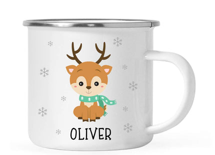 Andaz Press Kids Personalized Cute Snowflake Christmas Animals 11oz. Stainless Steel Campfire Hot Chocolate Mug, Baby Reindeer Custom Name 1-Pack, For Children, Christmas Ideas Xmas Campfire Mugs