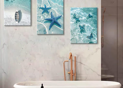 Ocean Wall Art Beach Canvas Print Starfish Shell on Teal Board Paintings Coastal Seascape Picture Blue Butterfly Artwork for Home Kitchen Bathroom Living Room Wall Decor Ready to Hang 16"x24"x3pcs