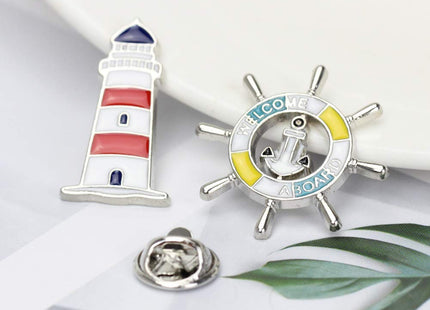 Acxico 4Pcs Creative Metal Cartoon Brooch Set Sailboat Lighthouse Rudder Tropical Fish Shape Lapel Pin Jacket Denim Collar Backpack Pin
