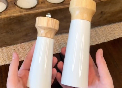 White Salt Grinder Wooden Pepper 8"+6" Salt Grinder Set Pepper Mill Salt & Pepper Shakers - Stainless Ceramic Refillable Stylish for Sea Salt Black Pepper -By Tessïe & Jessïe Lighthouse