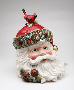 Cosmos Gifts Fine Ceramic Hand Painted Christmas Santa with Red Cardinal and Pinecone Cookie Jar, 10 3/4" H