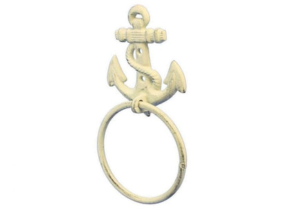 Hampton Nautical Cast Iron Anchor Towel Holder, 8.5", Whitewashed