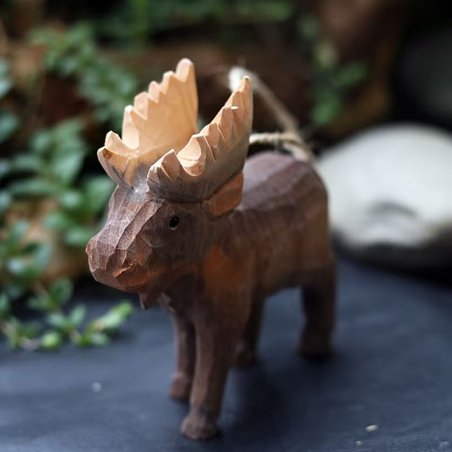 Wooden Moose Figurine with Jute Rope