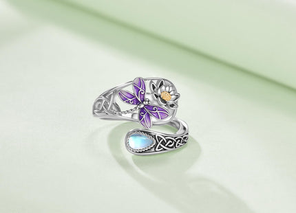 Vadmans Dragonfly Spoon Ring Sterling Silver Adjustable Dragonfly Ring Moonstone Jewelry Gifts for Women Wife Mother