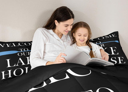 Lake House Comforter Set Full Size, Blue Paddle Lake Camping Bedding Set 3pcs, Rustic Farmhouse Lake Life Black Down Comforter for All Season, Kids Boys Girls Room Decor, 2 Pillowcases, No Sheets