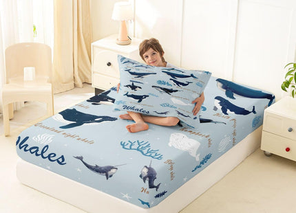 Whale Fitted Sheet Twin for Kids Boys Girls, Coastal Animal Bedding Set, Beach Ocean Creatures Under The Sea Bed Sheets, Nautical Sea Life Whale Bed Set