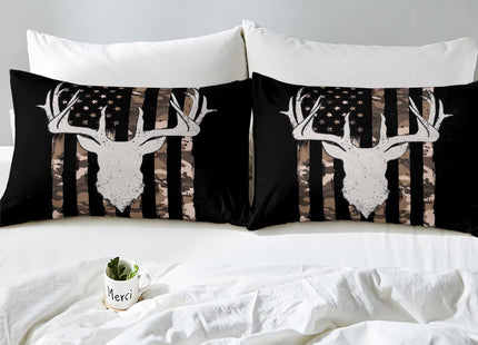 Camouflage American Flag Duvet Cover, Hunting Antler Comforter Cover Brown Black Camo Striped Bedding Set King Size for Kids Boys Teens Adult Women, Rustic Woodland Animal Bedspread Cover, Zipper