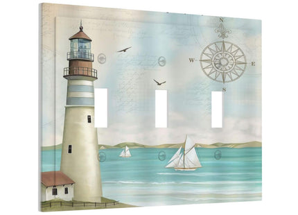 Nautical Lighthouse Ocean Coastal Compass 3 Gang Light Switch Covers Decorative Triple Toggle Wall Plate Electrical Faceplate Switchplate for Country Bathroom Bedroom Home Decor
