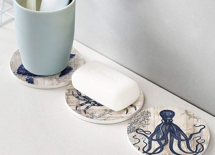 Absorbent Coasters Natural Ceramic Thirsty Stone Navy Blue Octopus Seahorse Crab Turtle Ocean Theme Coaster Set for Drinks Cork Backing (sea Animals)…